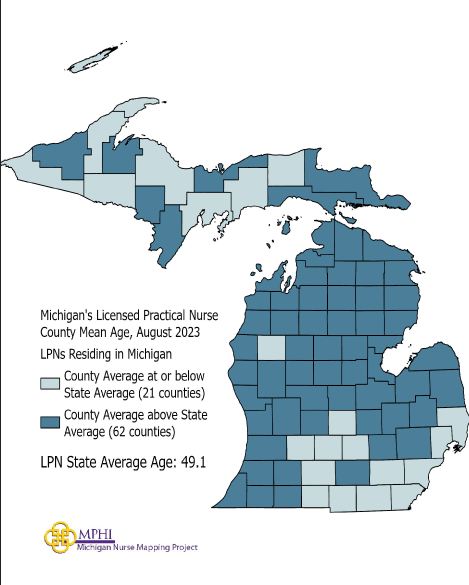 map depicting LPN mean age by county in 2023